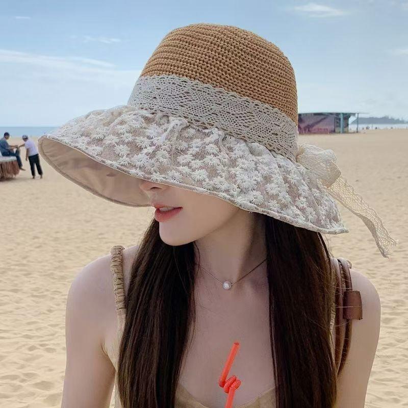 Summer Female Daisy Lace Bow Straw Hat Large Brim Sunshade Sunscreen Hat Fashionable Versatile Fisherman Hat