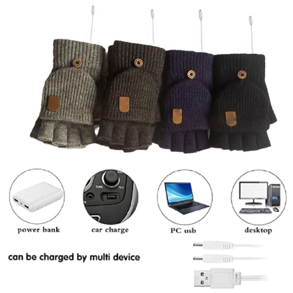 USB Heated Gloves Fingerless for Men Women Acrylic Fiber Electric Hand Warming Gloves for Winter Skiing Gaming Navy Blue