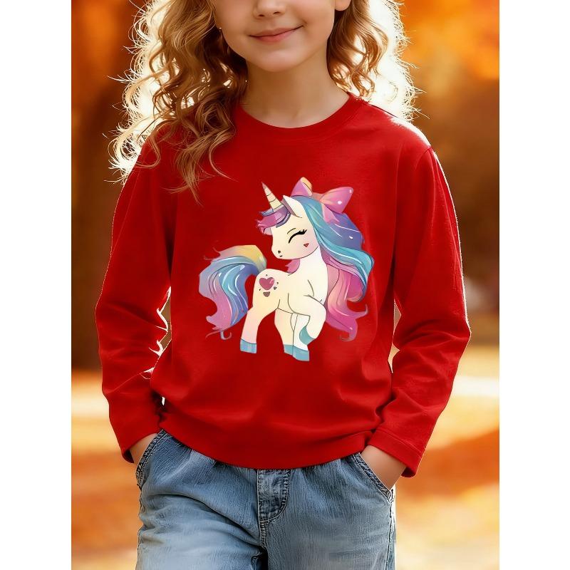 European sizes Long-Sleeved Top for Kids, Stylish Round-Neck Sweatshirt Featuring a Cartoon Unicorn Print. A Cute Top Perfect for Everyday Casual Wear