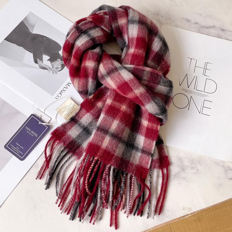 Classic 100 Wool Plaid Red Scarf for Men and Women, Warm Autumn and Winter Cashmere Scarf