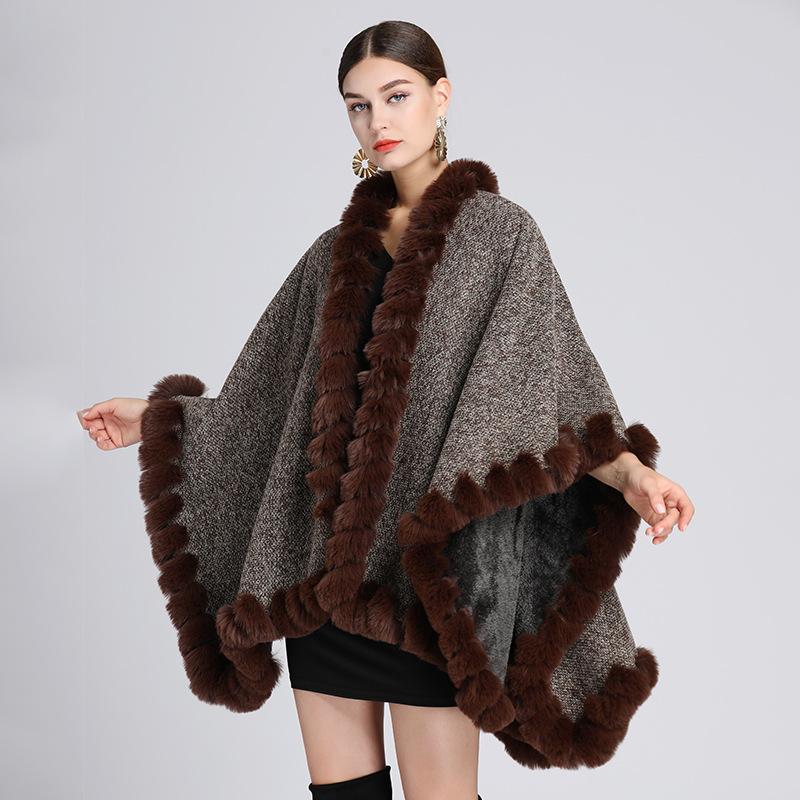 Capa xale feminina de inverno, plus veludo, gola de pele espessa, capa xale, solta, plus size, casaco cardigan de malha