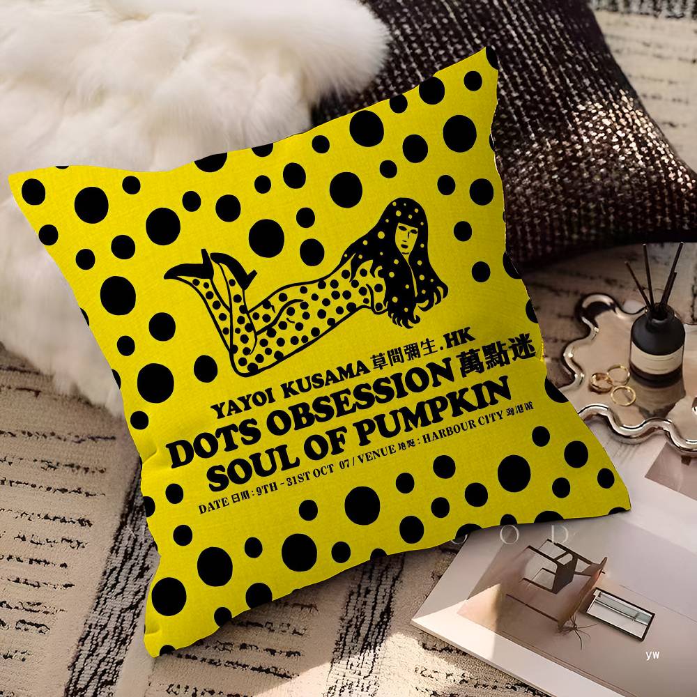 Yellow Dots Yayoi Kusama Pillow Covers Cartoon Sofa Decorative Home Double-Sided Printing Short Plush Cute Cushion Cover