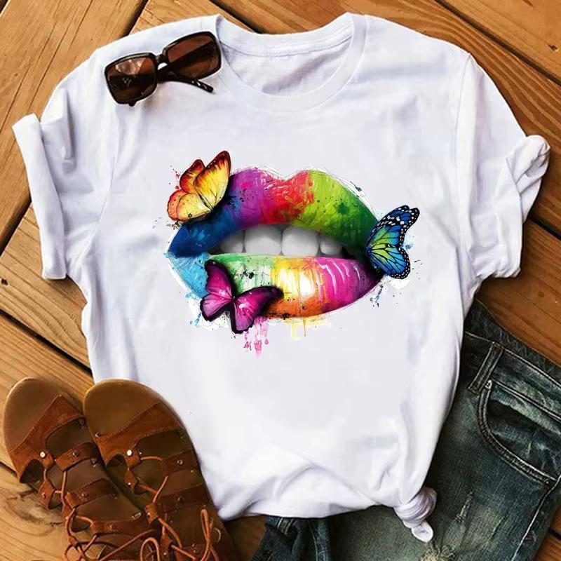 Lips Watercolor Pattern Pure Cotton Print Unisexs and Womens Personalized Round Neck Short Sleeved Summer New Casual Tshirt
