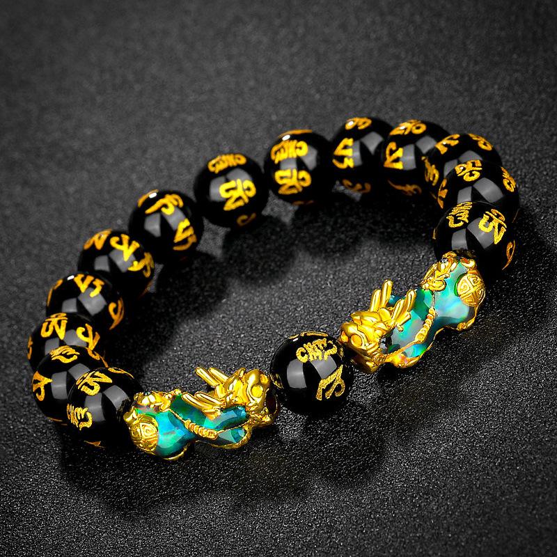 Vietnamese Sand Gold 3D Temperature-Sensitive Color-Changing Pixiu Bracelet, Obsidian Six-Character Mantra Buddha Bead Bracelet.