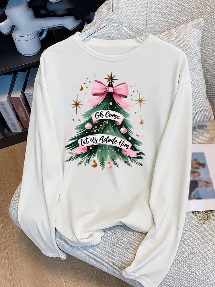 (Asian Size) Bow Tree Style Print T Shirt Christmas New Year Graphic Tee Women Autumn Winter Casual Fashion Top Clothing  Long Sleeve T-shirts