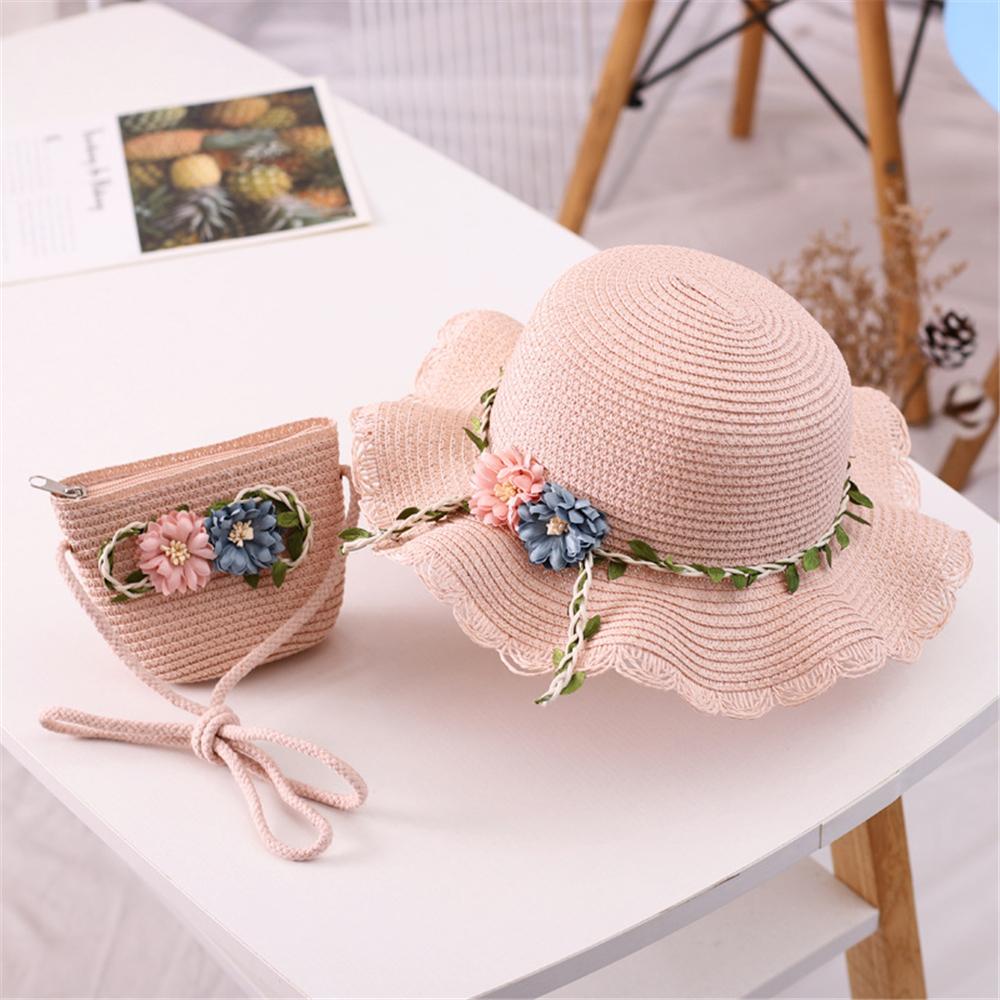 Casual Straw Weaving Toddler Baby Shoulder Bag Wide Brim Hats Flower Sunshade Caps Girls Summer Hat