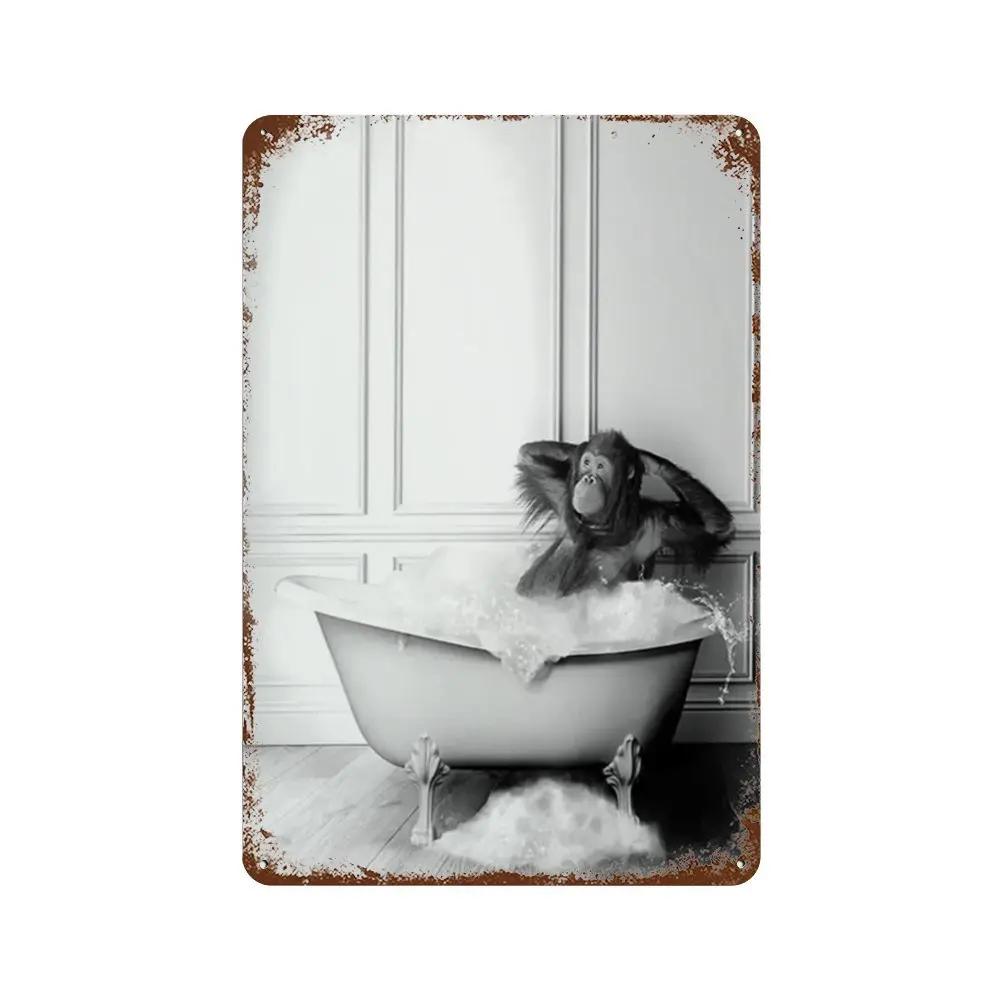 Funny Animal Posters Metal Tin Sign Plaque Dog Monkey Reading Newspapers Decorative Plates For Toilet Bathroom Wall Art Decor