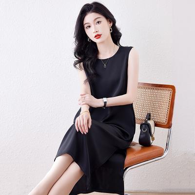 Small Black Dress Retro Style Sleeveless Dress Women's Summer Medium and Long Small Black Dress