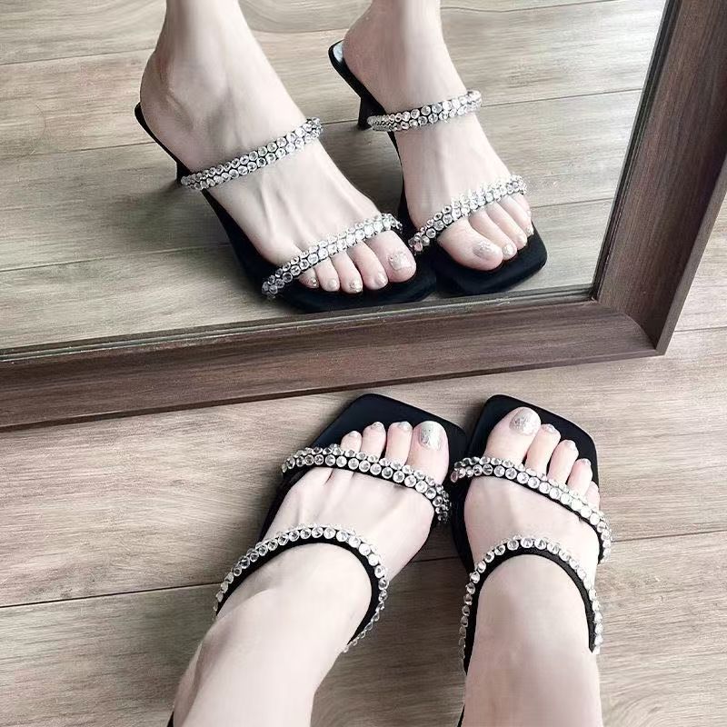 European and American Niche High-end Sense with Sandals for Women In the Summer of 2025, New Outer Wear Rhinestone Square Head Stiletto Shoes