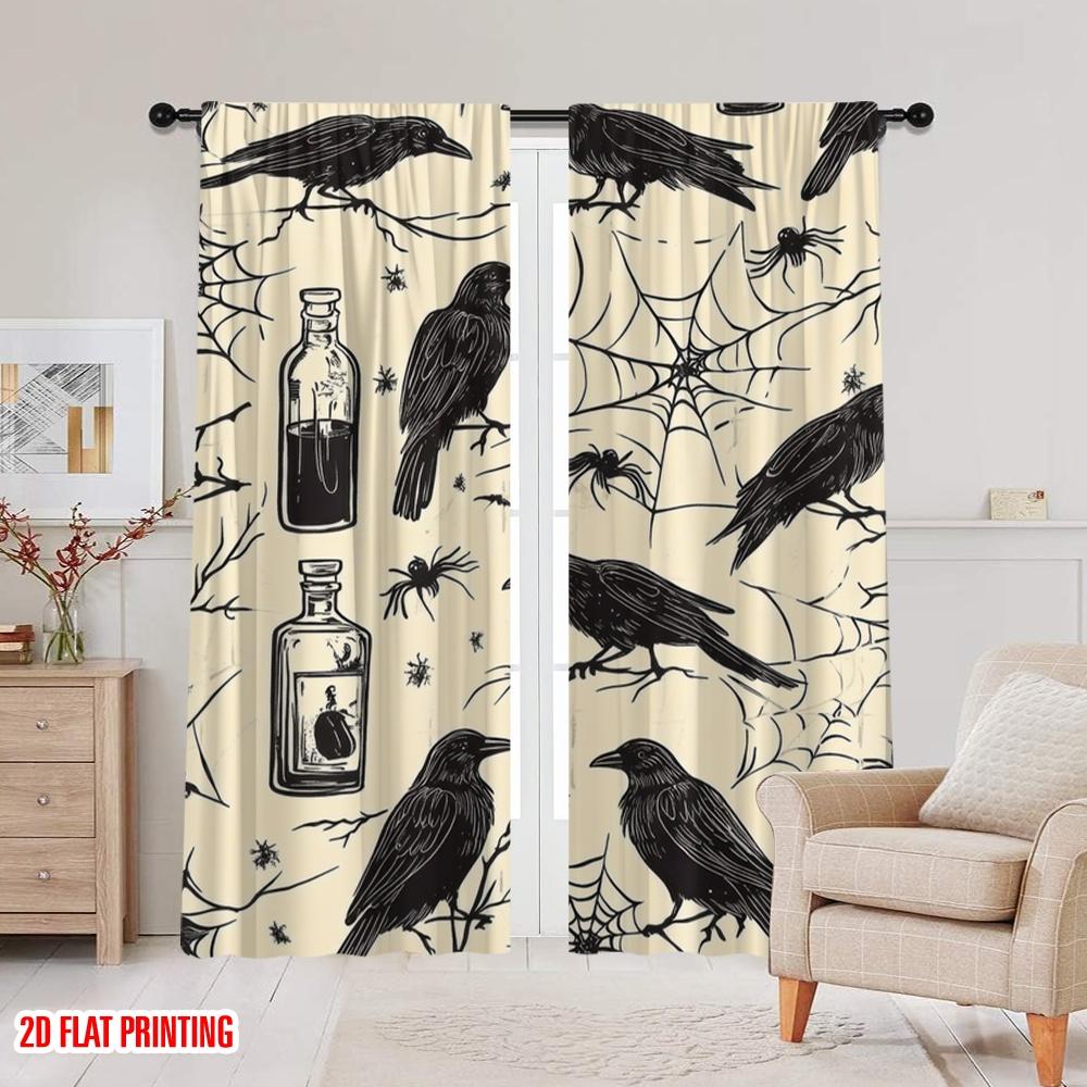 2pcs,2D plane printing Print Curtains Raven Web Quartet Durable Polyester (without rod) Versatile All for Living Room, Bedroom,
