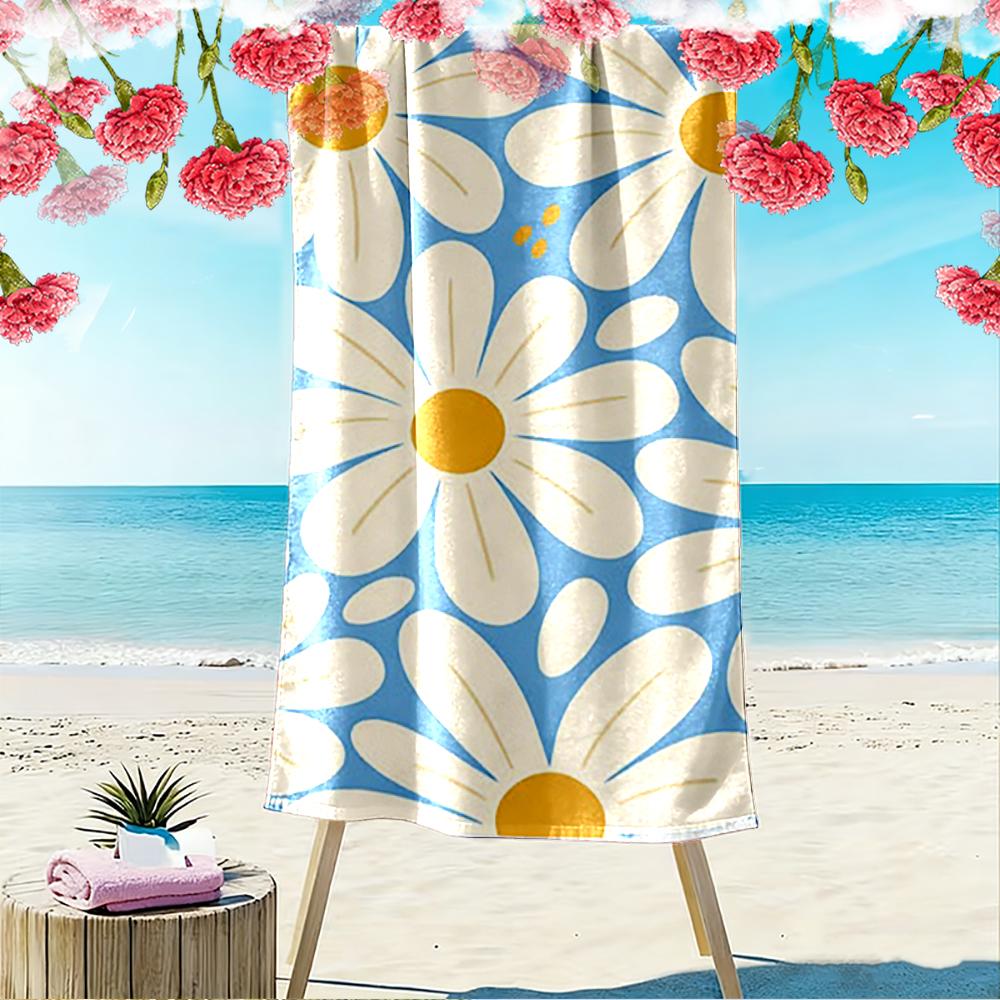 White Daisy Flowers on Blue Background Beach towel quick-drying for travel outdoor sports jogging beach and swimming