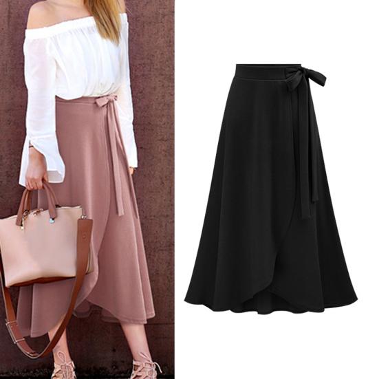 Elegant Office Lady Solid High Skirt Bandage Color Waist Slit Large Hem Long Skirt for Date