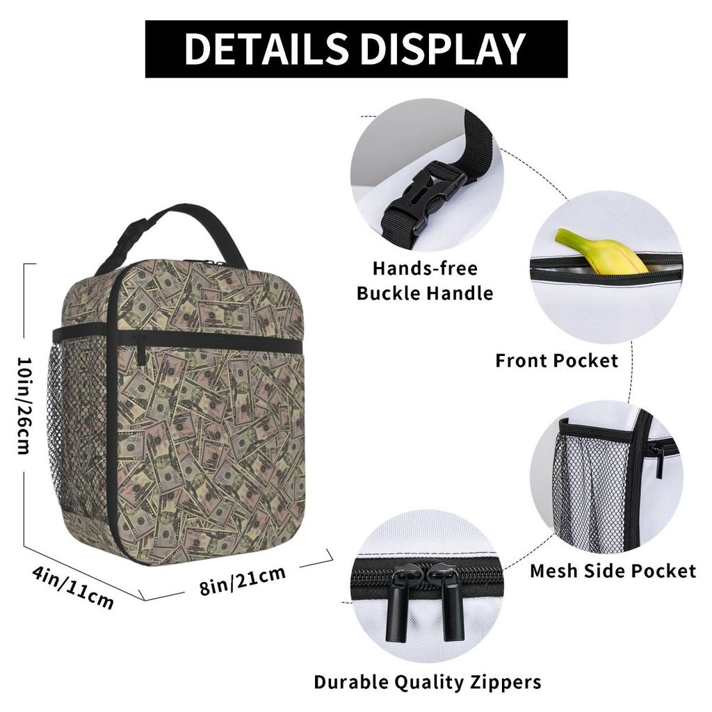 Dollar Bills Pattern Insulated Lunch Bag for Women Kids Portable Food Boxes Thermal Lunch Box Tote
