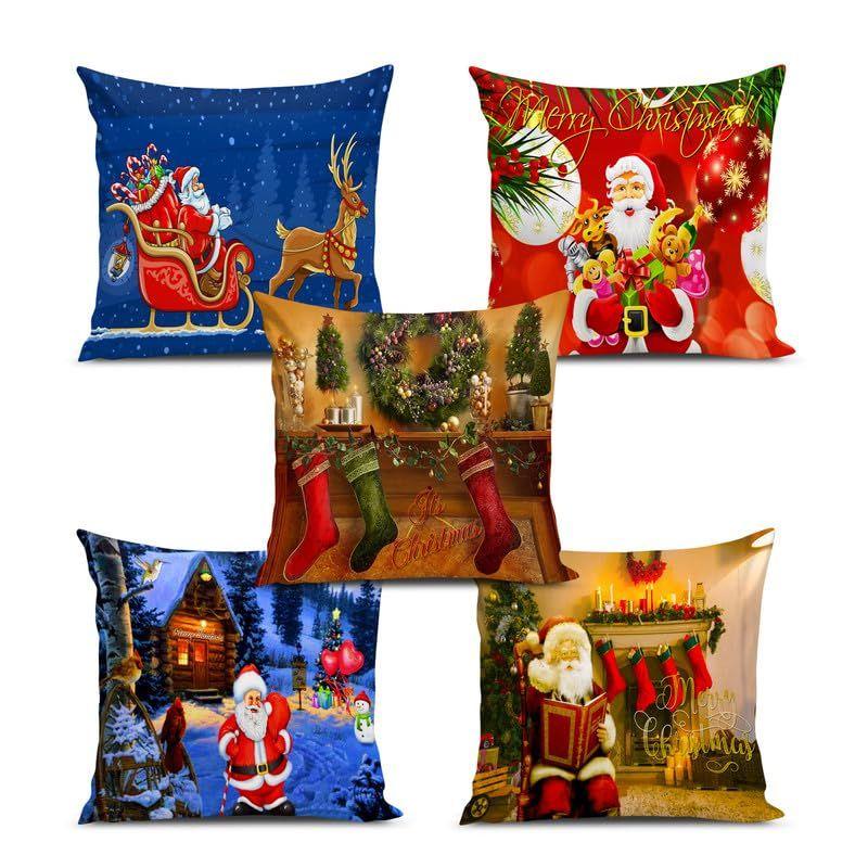 Soft Fabric Designer Decorative Printed Merry Christmas Theme Cushion Cover Xmas Decorations for Sofa Living Room Set of 5 16 X 16 Inch Multi