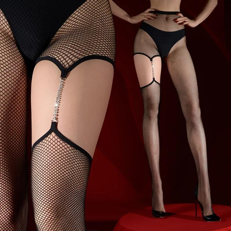 Girl Single Leg Diamond Chain Pantyhose Design Sense Suspender Socks Women'S Sexy Transparent Aurora Stockings Pantyhose