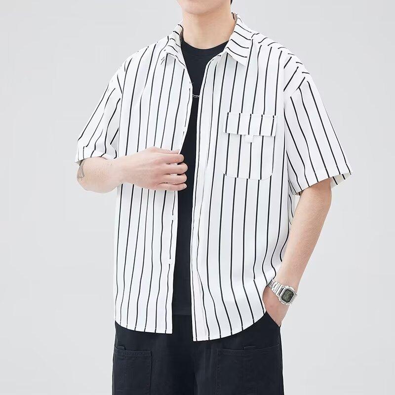 Spring Summer Men's Striped Top Cool Breathable Business Commuter Turn-down Collar Short Sleeve Shirt