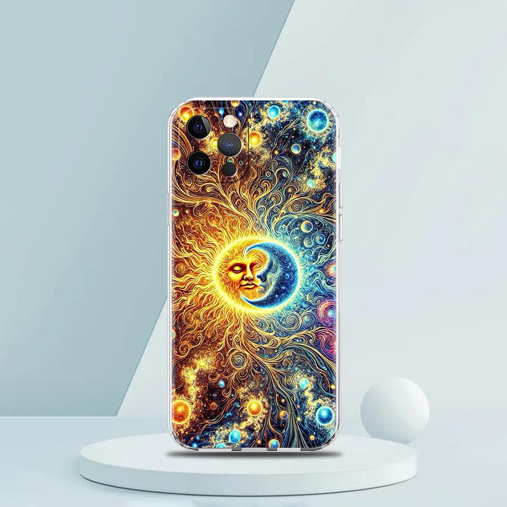 Soft TPU Transparent Phone Case Cover for iPhone 16 15 14 13 12 11 Pro Max XR 8 7 Plus Shockproof Shell Sun Moon Stars Pattern