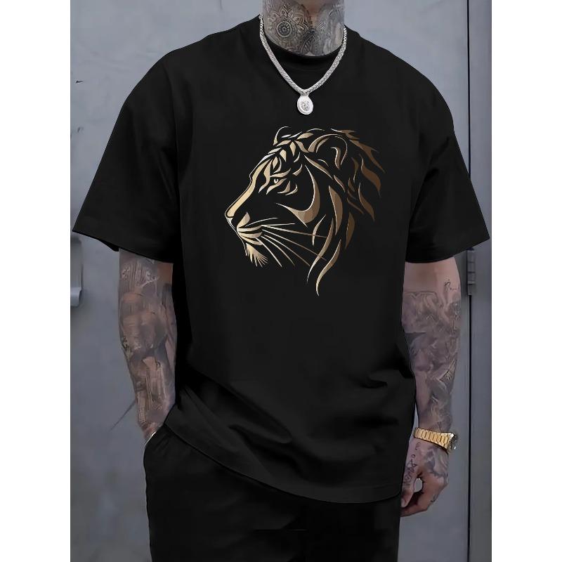 European Size Men's T-shirt with Simple Tiger Print, Crew Neck Sporty Casual Short Sleeve, Stylish Trend, Suitable for Summer Outings