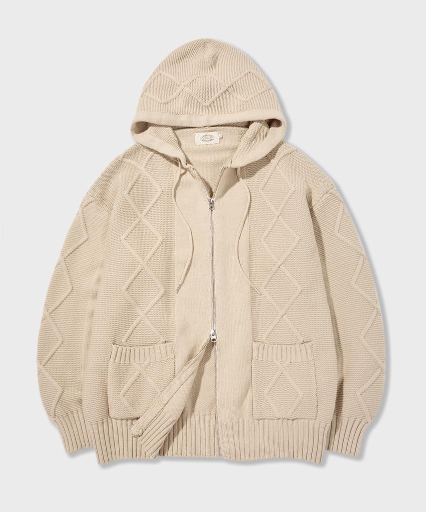 Amfeast Bold Cable Cotton Knit Zip-Up Hoodie Cream