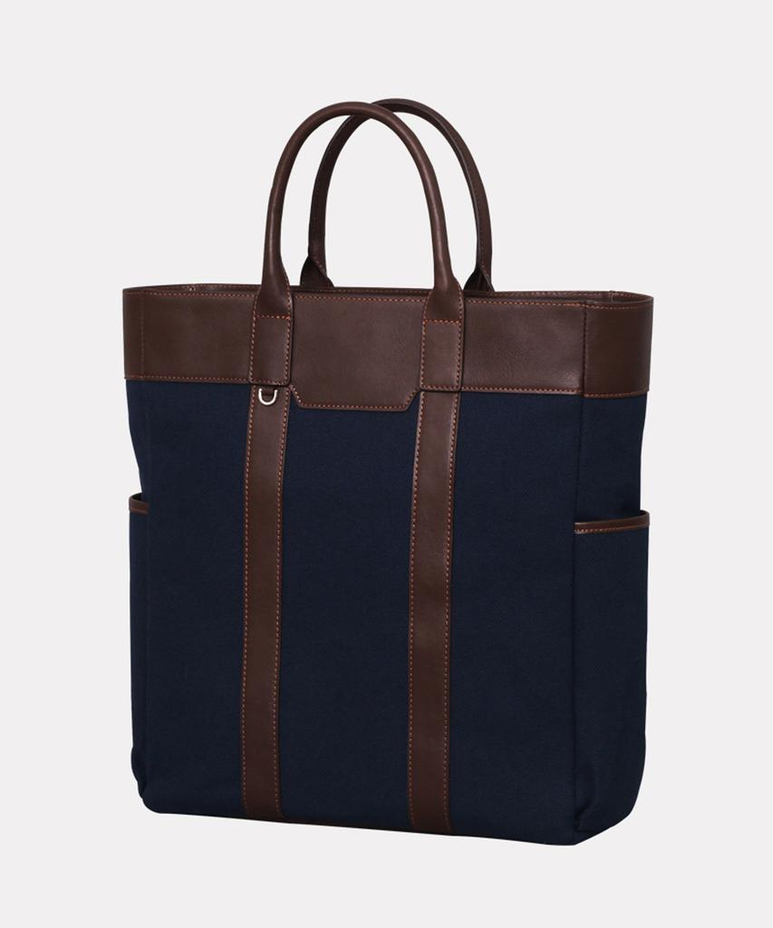 Matt Double Pocket Canvas Leather Tote Bag (Navy + Dark Brown)