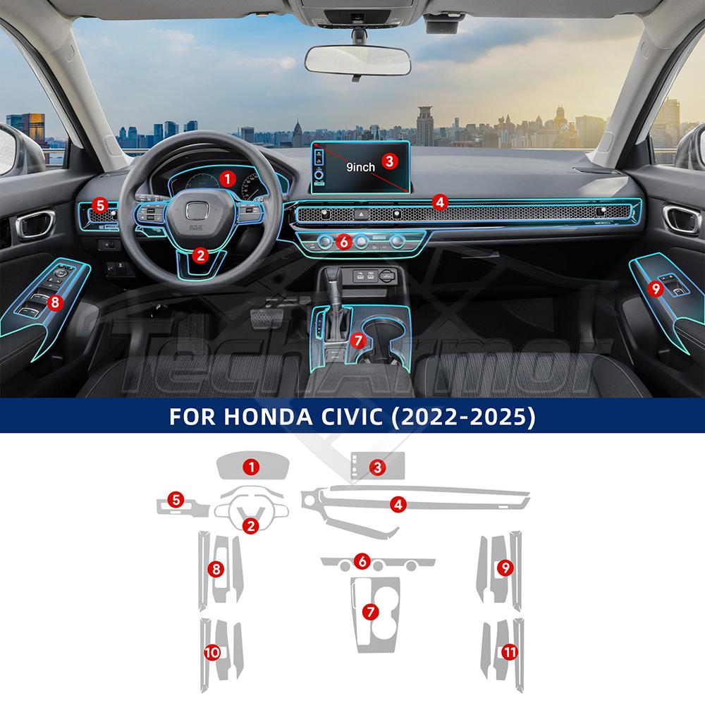 Car Interior TPU Protector Anti-scratch Film For Honda Civic 2022-2025 Auto Protective Transparent Anti-tear Sticker Accessories