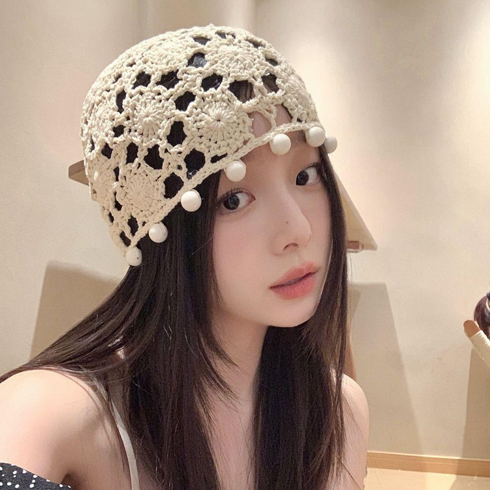 Hollowed Out Beret Cap Flowers Skullies Hat Breathable Knitted Hat for Women