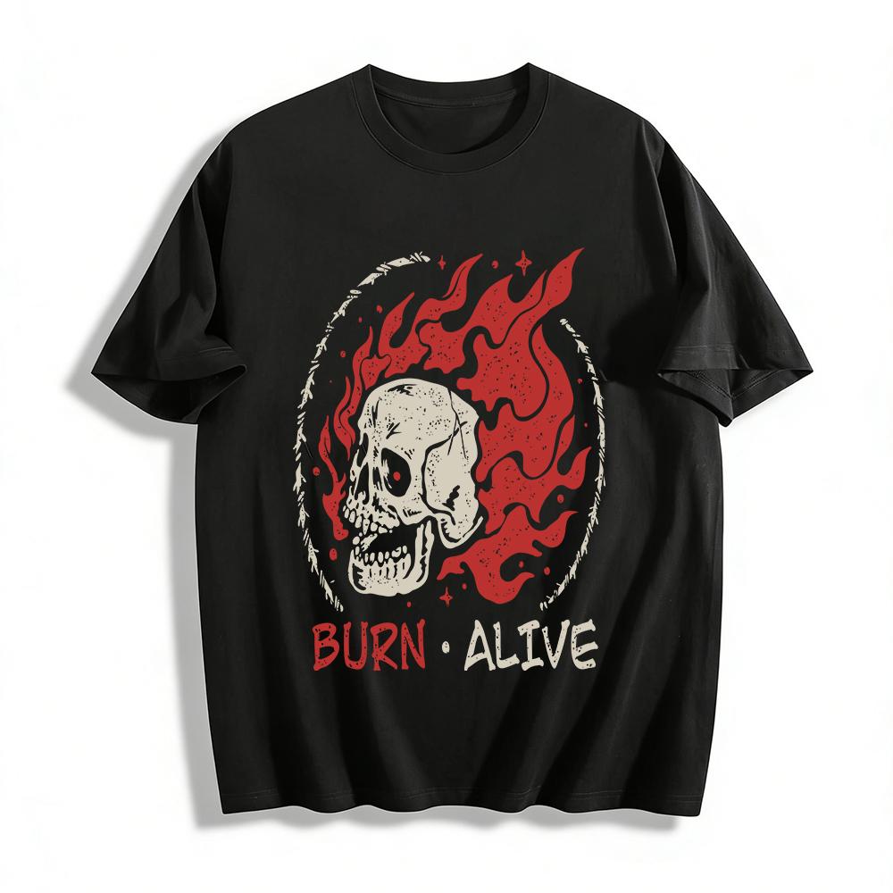 Vintage Flame Skull Print T-Shirt Trendy Dark Style Casual Top Pure cotton T-shirt