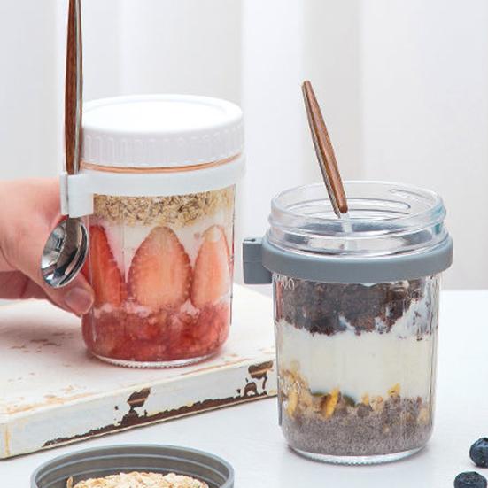 350 ml Havrekopp över natten med sked och lock Läcksäker frukostbehållare av glas för havregrynssallad Yoghurt Miljövänlig återanvändbar kopp