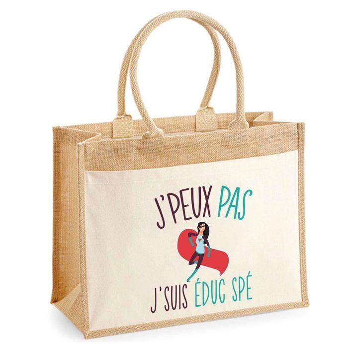 Sac de plage - PLANETEE - Jute avec poche « Educatrice Spécialisée J'peux pas » - Coton - 43x33 cm - Imprimé en France