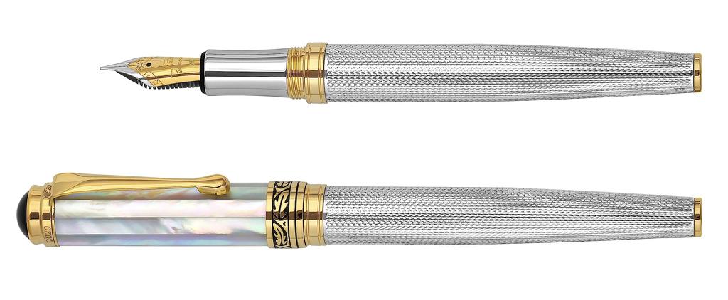 Handcrafted Xezo Maestro Solid 925 Sterling Silver and Pearl Serialized Medium Fountain Pen with Marine Origin White Mother of 18K Gold Inheritance