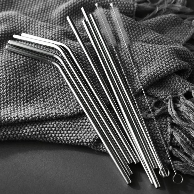 4Pcs Stainless Steel Straws Reusable Drinking Straws 8 Inch Metal Straight Bent Straw Set with Cleaning Brush Bar Party Supplies