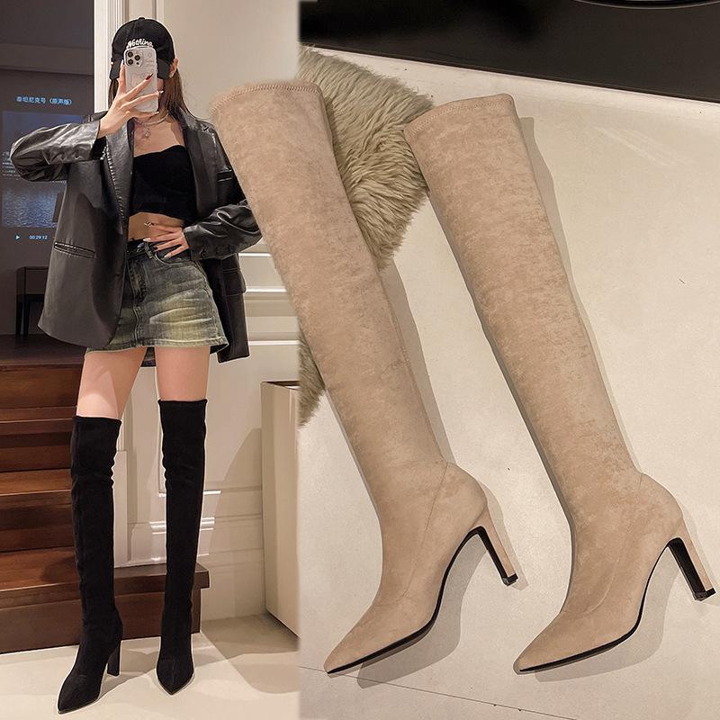 Long Tube Boots for Women's Autumn and Winter New Style Pointed Toe Thick Heel Suede High Heels Women's Boots