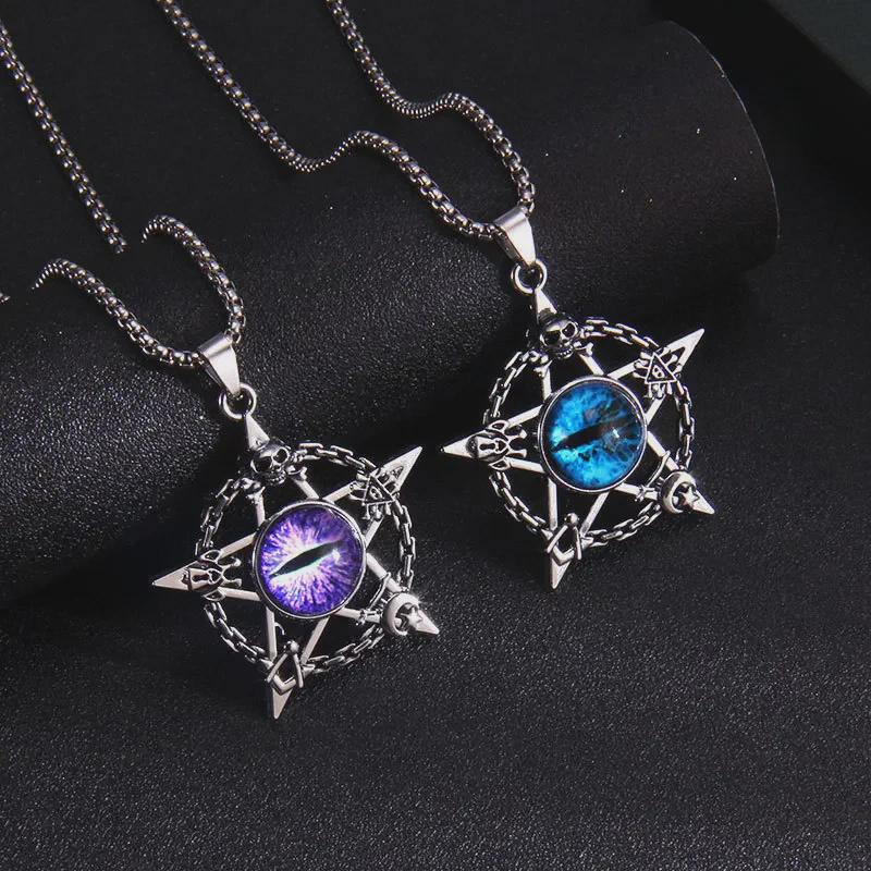 Retro Hip-Hop Five-Pointed Star & Skull Pendant with Turkish Blue Evil Eye Necklace