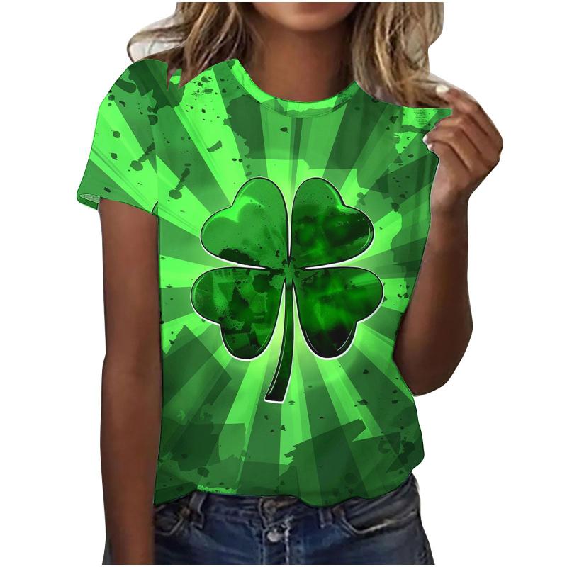 St. Patrick's Day Women T Shirt 3D Lucky Four-leaf Clover Graphic Print T-Shirts Unisex Crew Neck Short Sleeve Casual Kids Tops