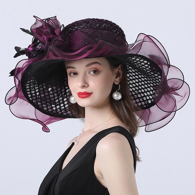 Women Organza Hats Wedding Bride Fascinators Elegant Big Wide Brim Fedora Kentucky Derby Hats Party Formal Church Ladies Hat