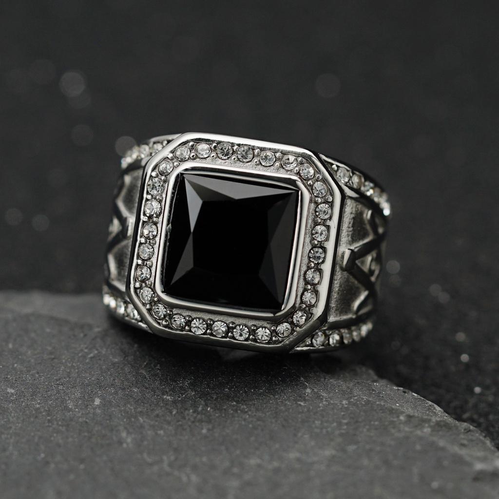 Hip Hop Bling 316 Stainless Steel Square Big Stone Master Masonic Freemasonry Finger Rings for Men Rapper Jewelry