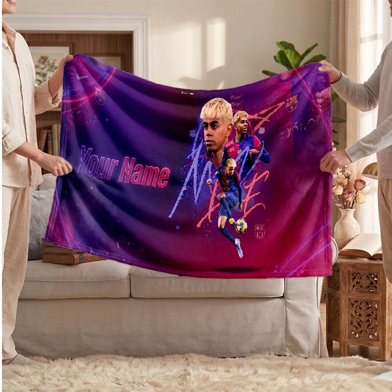 Lamine Yamal Personalized Fleece Blanket With Football Logo, Custom Name Text Soft Warm Home Throw Blanket