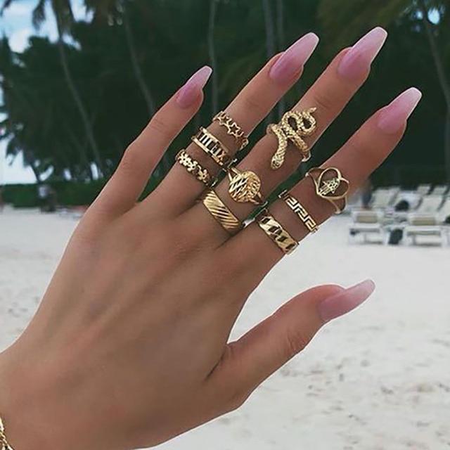 9pcs /Set Bohomia Gold Ring For Women Vintage Snake Shape Zircon Adjustable Ring  Gothic Jewelry Gift Anillos Mujer