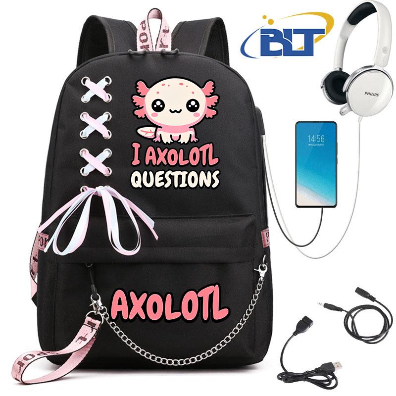 Niedlicher Axolotl bedruckter Schüler-Schulranzen für Mädchen schwarzer Rucksack USB Kinder Freizeittasche Geschenk zum Schulanfang