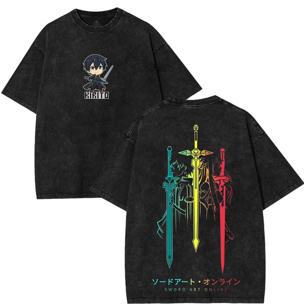 Anime Sword Art Online Tshirt Kirigaya Kazuto Printed Washed T Shirt Mens Clothing Summer High Quality Pure Cotton Tees Tops