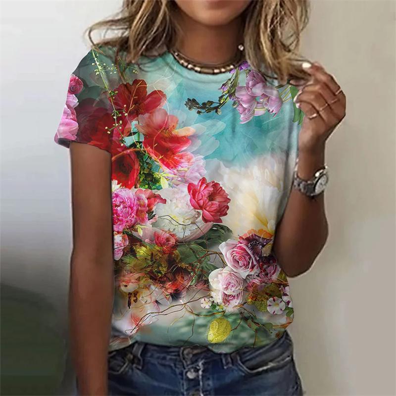 Letni T-shirt damski z okrągłym dekoltem i nadrukiem 3D w kwiaty, modny, casualowy, z krótkim rękawem