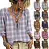 Women's Casual Plaid V-Neck Ruffle Blouse with Tie Neck
