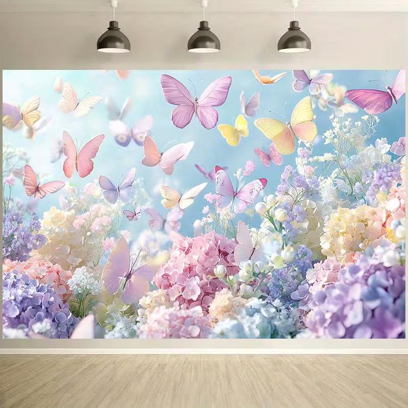 Pastel Butterfly Hydrangea Floral Photography Backdrop for Birthday Party
