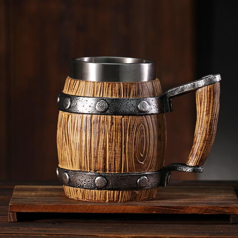 1pc Large Capacity Wooden Barrel Beer Cup Steel Pipe Handle with Handle Industrial Style Mugs Coffee Cups