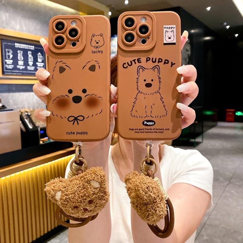Brown West Highland Applicable iPhone16 Mobile Phone Case Cute Puppy 15Pro Maillard Autumn and Winter Plush Hand Rope