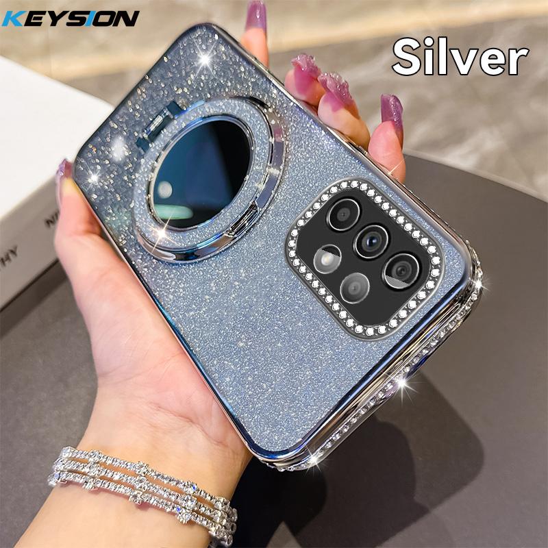 KEYSION Luxuriöse Glitzernde Juwelenbesetzte Magnetische Handyhülle für Samsung Galaxy A52 S 5G A32 4G Make-up-Spiegel Ständer Stoßfeste Rückseite