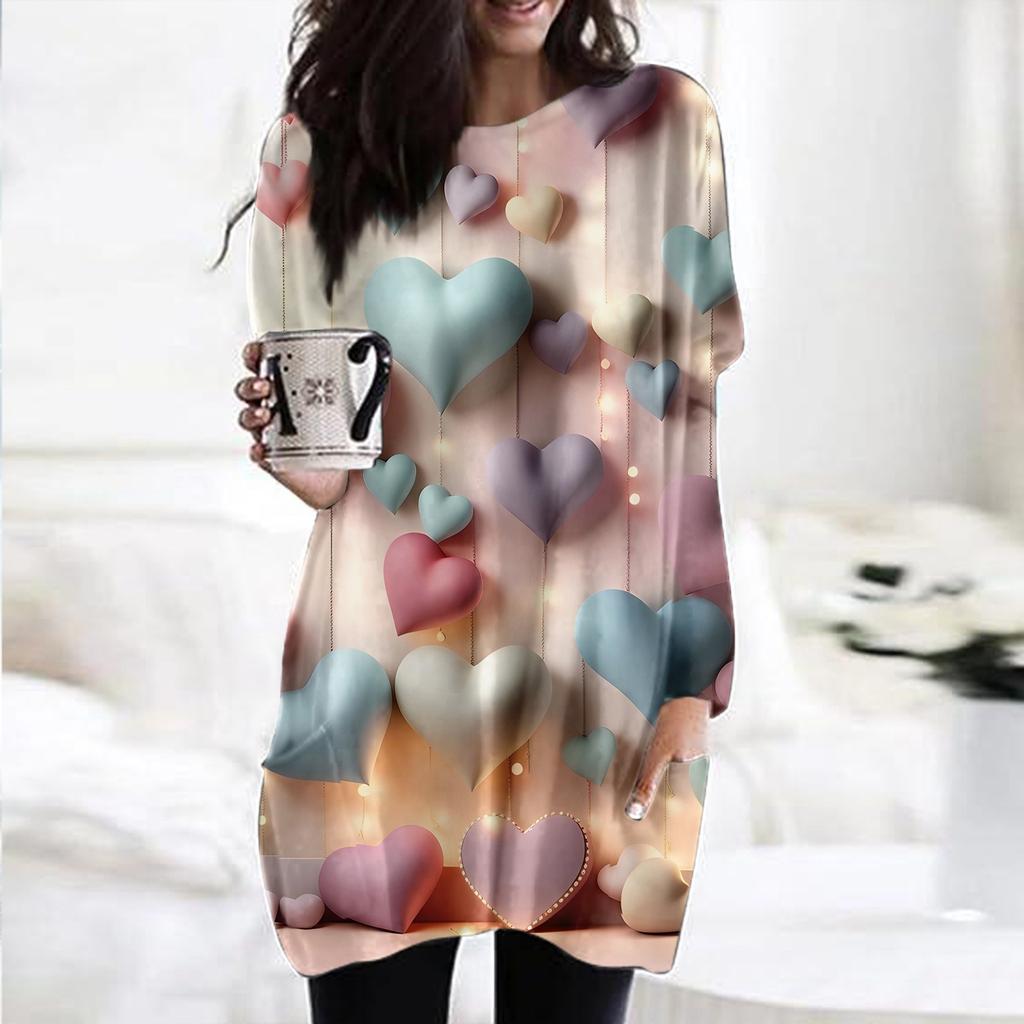 Women's Valentine's Day Love Heart Print Fashion Casual Long Sleeve Round Neck Top