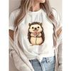 [New Recommended] Hedgehog Hold Flower Pattern Print T-shirt, Women's Casual, Vacation, Short-sleeved Round Neck, Spring and Summer, Machine Washable