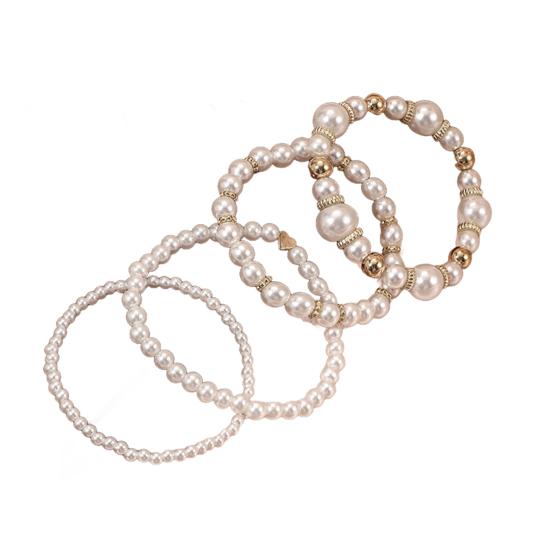 4Pcs Faux Pearl Bracelet Set French Vintage Simulated Pearl Beaded Bracelet Stretch Golden Bead Faux Pearl Bracelet Women Bridesmaid Bridal