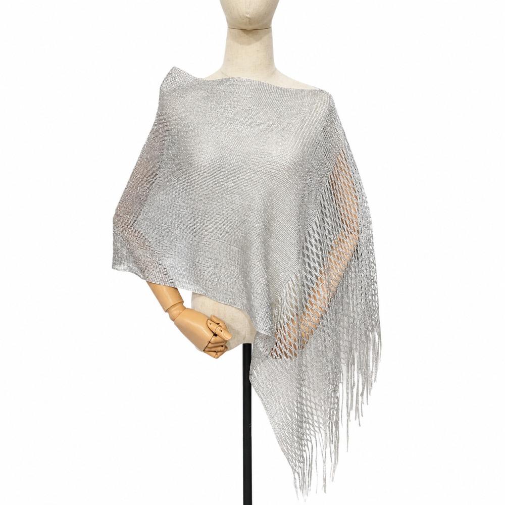 Women Glitter Mesh Tassel Hollow Knit Shawl, Gold Silver Yarn Fashion Wrap for Dinner Party Spring Summer